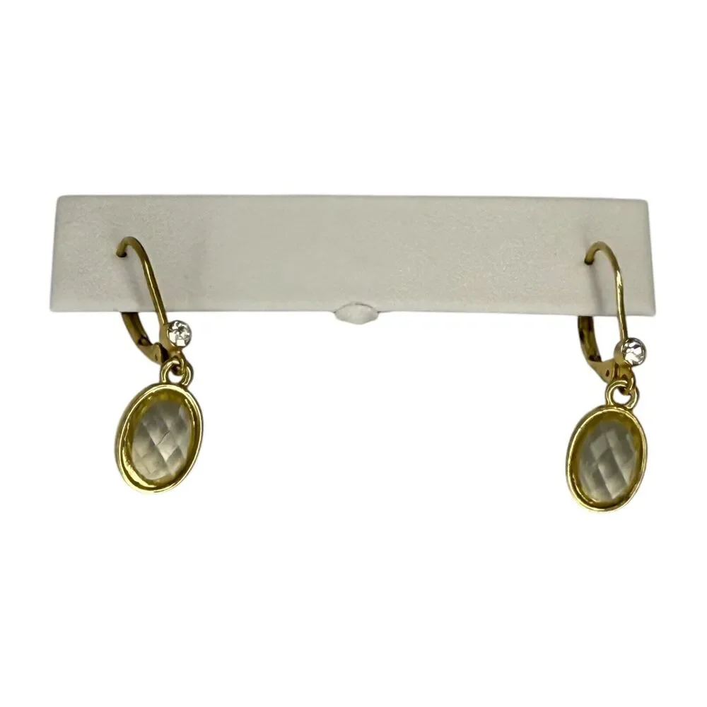 Vintage Gold-Tone Metal Oval Faceted Crystal Dangle Earrings Lever-back Women's - Picture 6 of 6